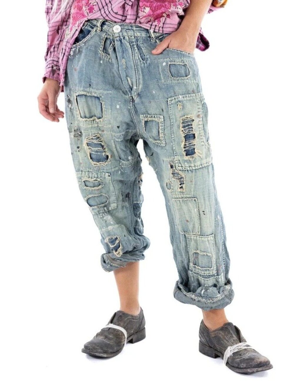 Magnolia Pearl Cotton Linen Miner Denim Pants With Mixed Buttons Hand Mending